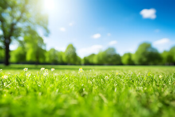 Blurred background image of spring nature with a neatly trimmed lawn surrounded by trees against a blue sky with clouds on a bright sunny day.