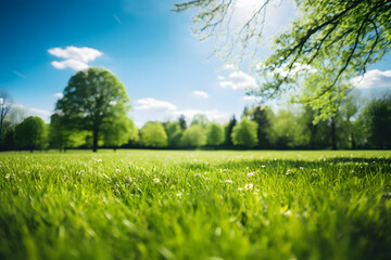Fototapeta na wymiar Blurred background image of spring nature with a neatly trimmed lawn surrounded by trees against a blue sky with clouds on a bright sunny day.