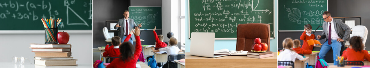 Collage of male math teacher and group of children in classroom