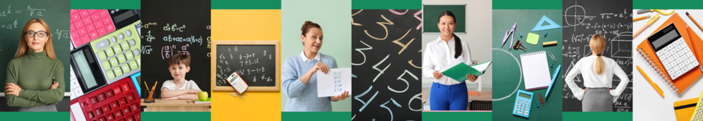 Collage of female math teachers, little boy in classroom, calculators and stationery
