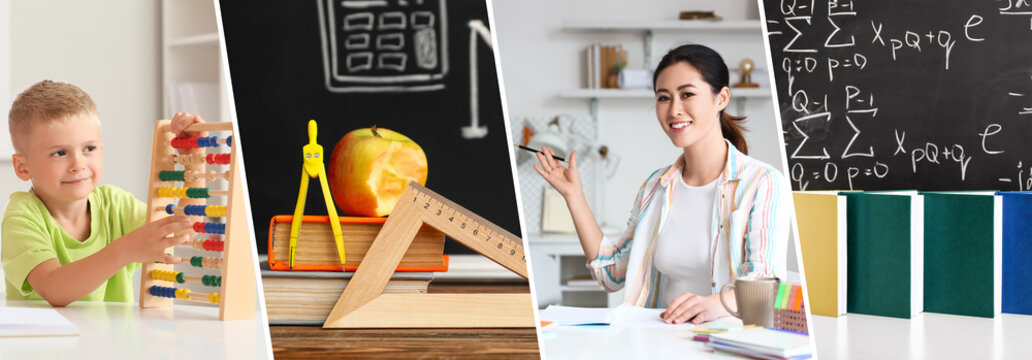 Collage of female math teacher, little boy with abacus, books and stationery in classroom