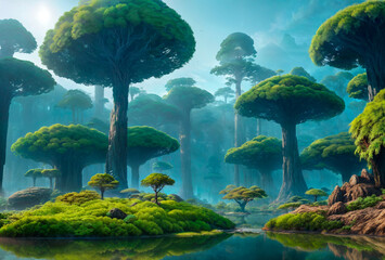 Paisaje surrealista de un bosque con vegetación exuberante y gigantescos árboles con copas circulares como de otro planeta - obrazy, fototapety, plakaty