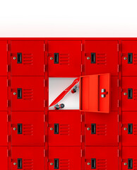 Red skateboard in a red locker with an open lid. PNG transparent