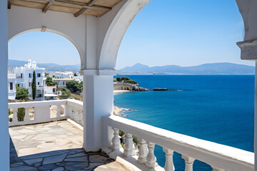 Obraz premium Landscape in Greece. View of the sea in the background with typical Greek architecture in the foreground. Steps down to the sea. Beautiful light. Very detailed. Discreet vegetation.