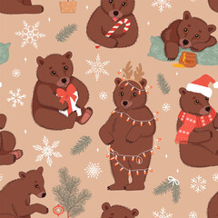 Beige seamless pattern with cute brown bears and Christmas elements. Winter vector illustration for fabric, wrapping paper, and wallpaper.