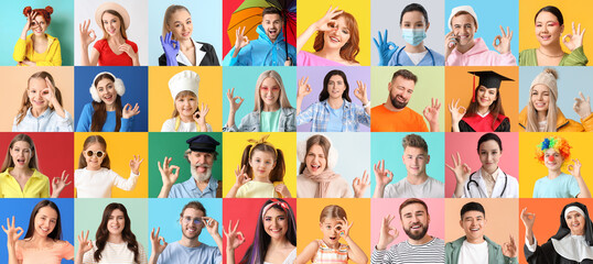 Obraz na płótnie Canvas Group of different people showing OK gesture on color background