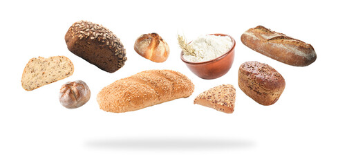 Fototapeta na wymiar Flying fresh bread with flour on white background