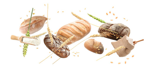 Flying fresh bread with spikelets, seeds and flour on white background