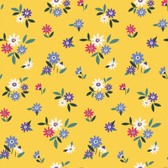 Seamless floral pattern, liberty ditsy print with tiny cute daisy. Pretty botanical design of small hand drawn plants: flowers, leaves, colorful summer meadow on yellow background. Vector illustration