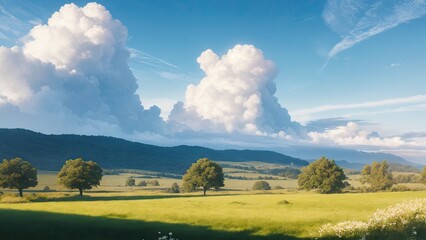 a summer filled with lots of white clouds,  cloud landscape wallpaper, background art, beautiful puffy clouds, generative ai