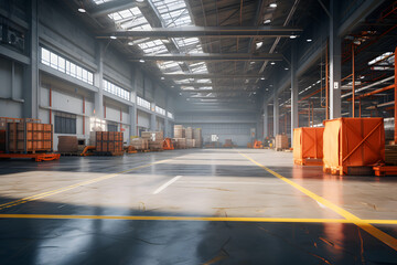 clean warehouse indoor with sunlight coming from roof window