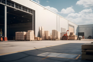 Spacious warehouse yard with crates forklift and open storage gate