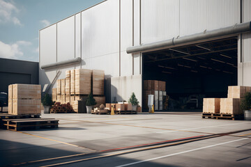 Large warehouse entrance  area with goods and equipment in sunlight - obrazy, fototapety, plakaty