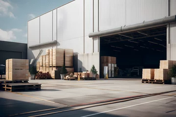 Fotobehang Large warehouse entrance  area with goods and equipment in sunlight © alexandr