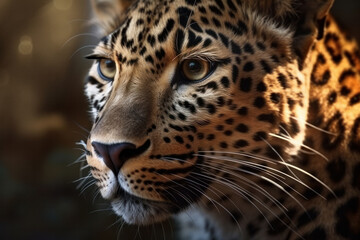 Fototapeta na wymiar Magnificent leopard with impressive spots and whiskers on its face. Nature and biodiversity concept. Close-up photography generated by AI.