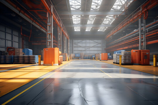 Spacious warehouse with orange racks and sunlight shining through skylights