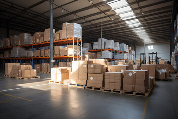 Spacious warehouse with sunlight highlighting boxes and storage racks