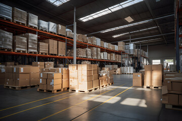 Sunlit warehouse interior with boxes on shelves and open floor space