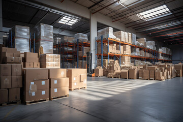 Spacious warehouse filled with boxes and shelving units under natural light