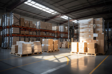 Sunlit warehouse interior with stacked boxes and shelves