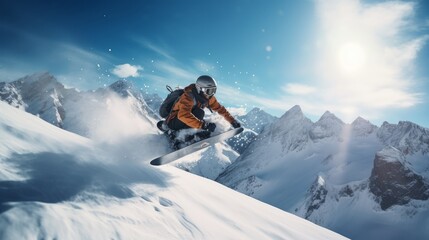 snowboarder jumping in the snow mountains on the slope with his snowboard and professional equipment on a sunny day. Generative AI