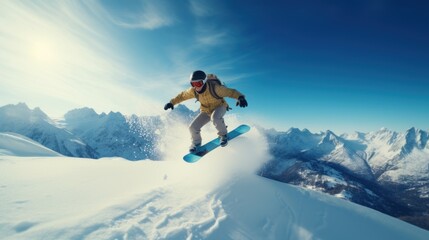 snowboarder jumping in the snow mountains on the slope with his snowboard and professional equipment on a sunny day. Generative AI