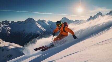 skier jumping in the snow mountains on the slope with his ski and professional equipment on a sunny day. Generative AI - obrazy, fototapety, plakaty