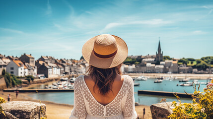 Rear view of woman with hat looking at French village- travel, vacation, tourism concept(Brittany in France, Saint Brieuc). illustration with ai - obrazy, fototapety, plakaty