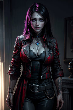 Seductora mujer vampira gótica guerrera, sexy y con manchas de sangre en su vestuario