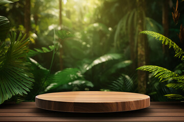 Wooden podium in tropical forest for product presentation and green background