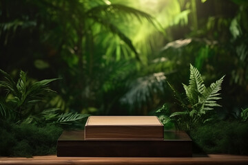 Wooden podium in tropical forest for product presentation and green background