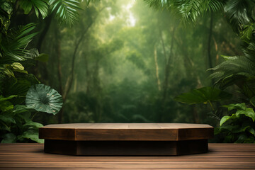 Obraz na płótnie Canvas Wooden podium in tropical forest for product presentation and green background