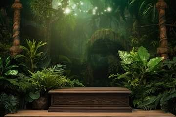 Obraz na płótnie Canvas Wooden podium in tropical forest for product presentation and green background