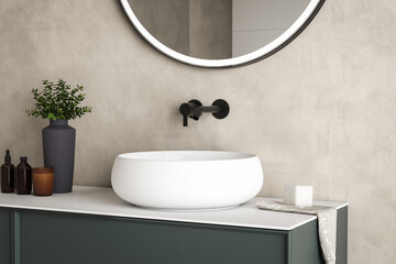3D render close up perspective blank empty space on ceramic vanity unit counter top in the bathroom...