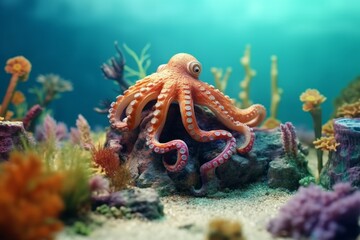 Naklejka na ściany i meble Beautiful octopus at the bottom of the sea. AI generated, human enhanced.