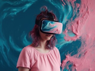 Obraz na płótnie Canvas Young woman wearing virtual reality glasses in neon colors. AI generated, human enhanced.
