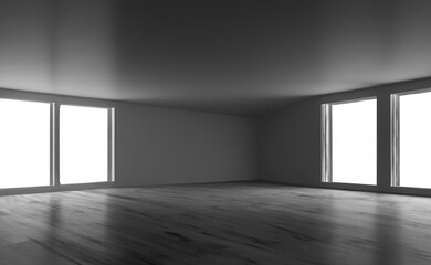 Empty room with large windows and light, Grungy room with light and shadow on floor, background. interior design 