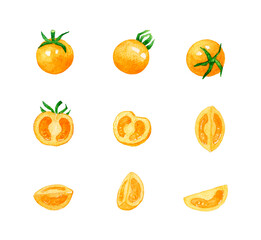 オレンジ色のプチトマトのセット　夏野菜の手描き水彩イラスト素材