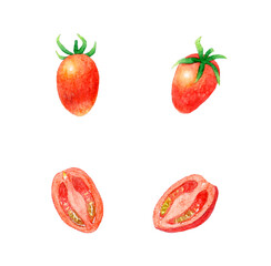 赤色のプチトマトのセット　夏野菜の手描き水彩イラスト素材