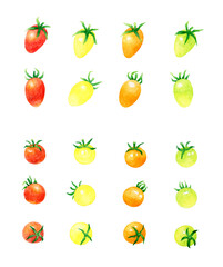 カラフルなプチトマトのセット　夏野菜の手描き水彩イラスト素材