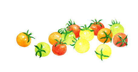カラフルなプチトマトのセット　夏野菜の手描き水彩イラスト素材