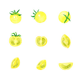 黄色のプチトマト　夏野菜の手描き水彩イラスト素材