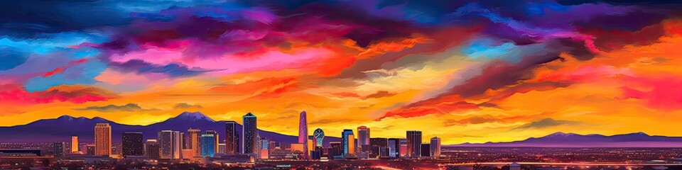 Obraz premium Banner Skyscrapers Vacation Sunset Backdrop Generative AI