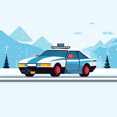 Police car speeding in snow vector flat isolated illustration