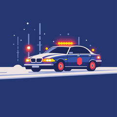 Police car speeding in snow vector flat isolated illustration