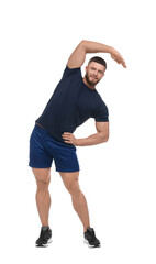 Man doing stretching on white background. Morning exercise