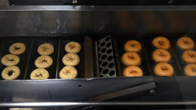 Mini donuts are flipped and fried in oil on an automated conveyor line. The machine flips donuts to the other side. Preparing fresh baked goods at the factory. Step 2