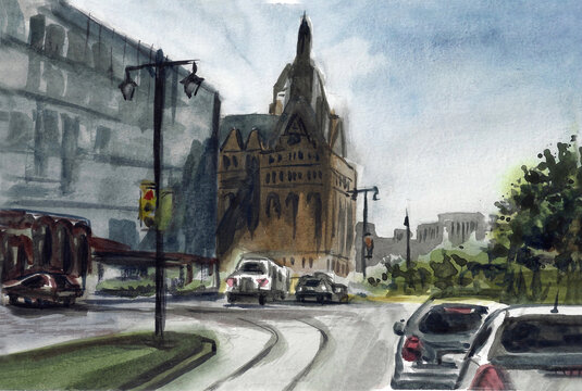 View of downtown Milwaukee captured in watercolor painting.