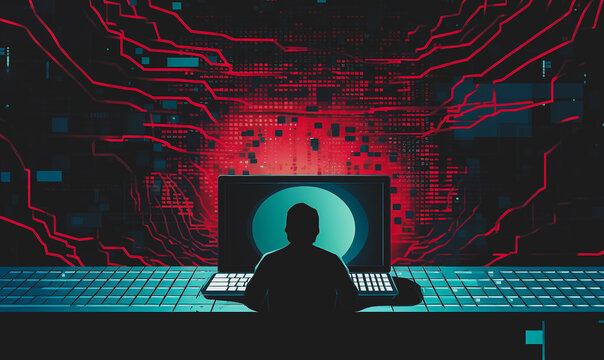 Illustration of man working on computer network. Connectivity internet concept with vibrancy and information traveling fast