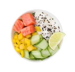 Delicious poke bowl with salmon, lime and vegetables isolated on white, top view